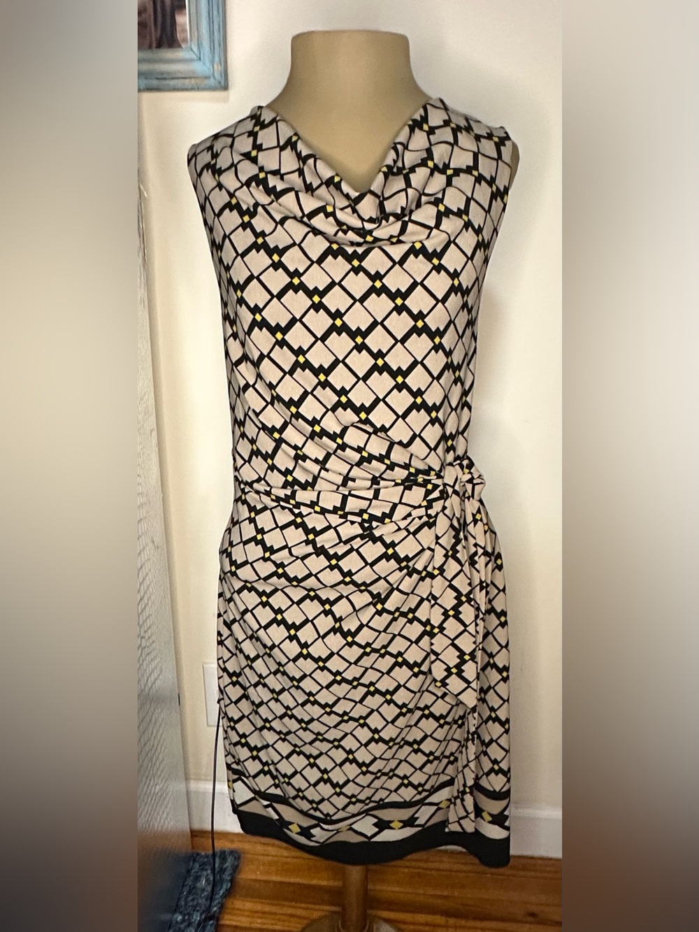 Marisa & Marie Cowl Neck Beige Geometric Midi Dress with Black and Yellow Accent